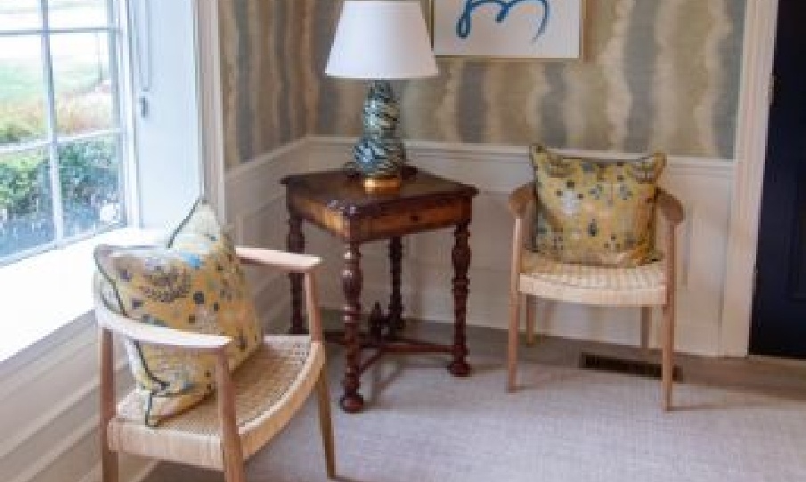 Two chairs next to desk with lamp in corner